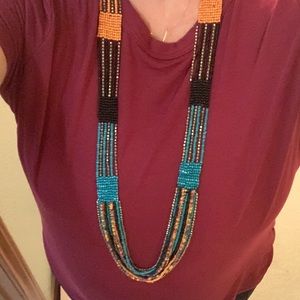 Orange, black and teal beaded necklace